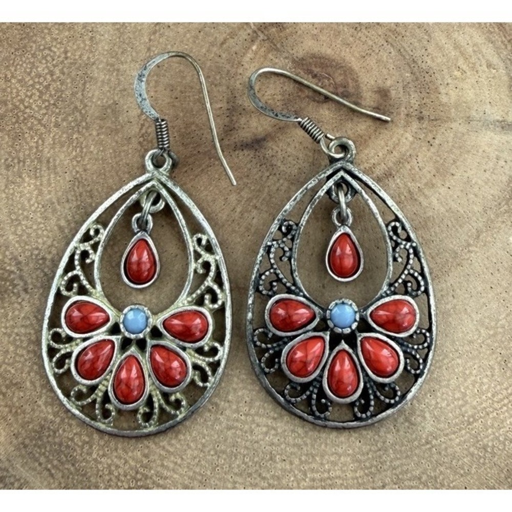 Faux Blue Turquoise & Coral Silver Southwestern Filigree Teardrop Earrings Boho